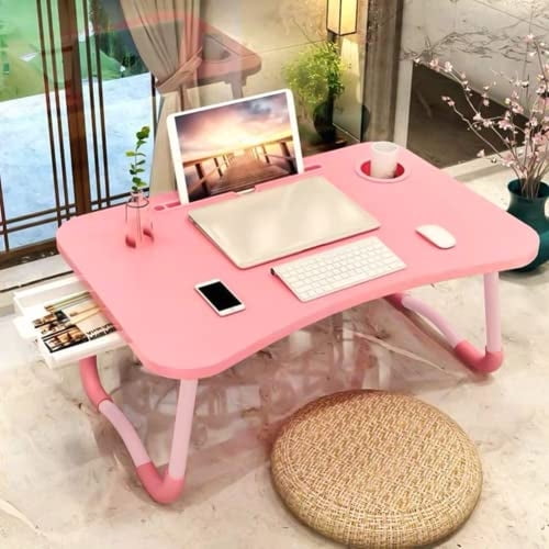 Mesa plegable para laptop, almacenaje, desayuno en cama, soporte libros con ranura para teléfono y porta vasos - rosa