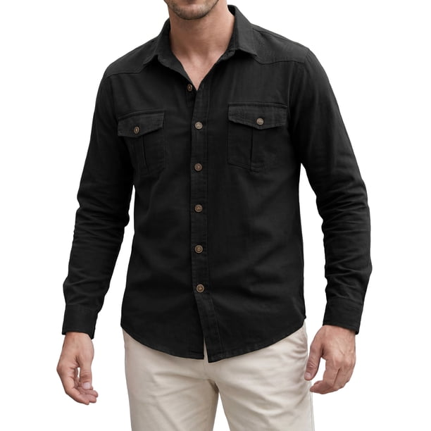 INSPIRE CHIC Camisa de Trabajo Casual para Hombre con Bolsillos en el Pecho, Manga Larga, Camisa de Carga para Exteriores XL Negro