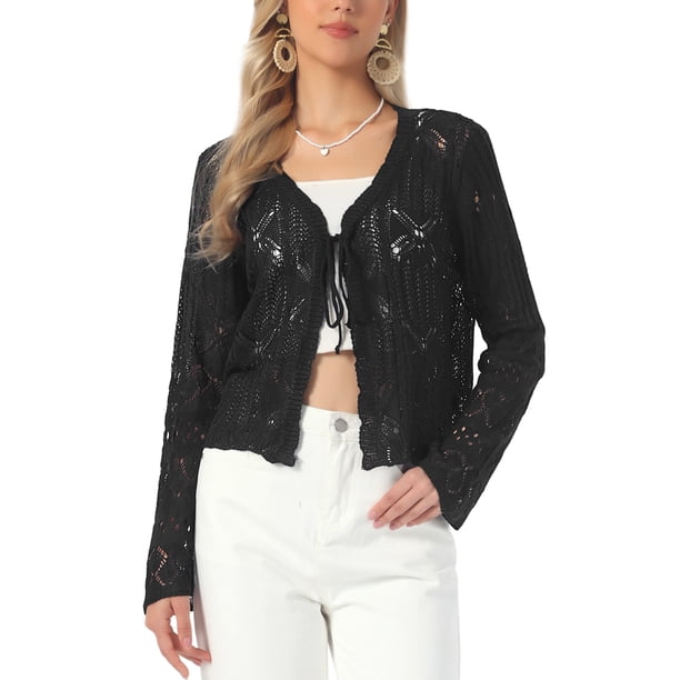 INSPIRE CHIC Cárdigan de Crochet Bohemio para Mujer con Lazo Frontal, Manga Larga, Ligero, Bolero Corto, Top Negro XL