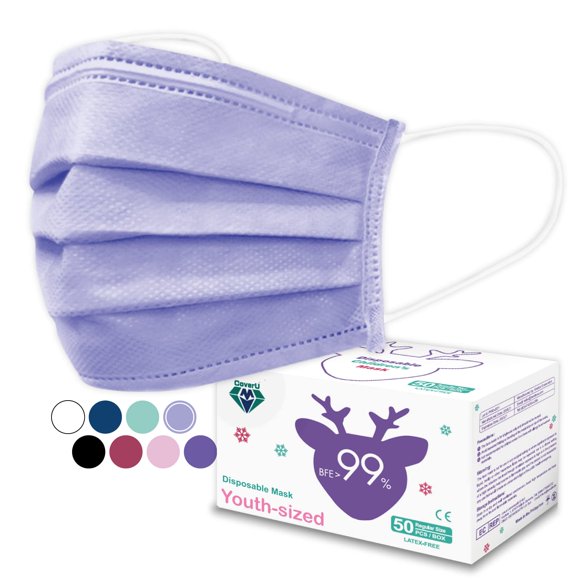 Mascarilla facial Medtecs Kids desechable, 50 unidades, 3 capas, color morado
