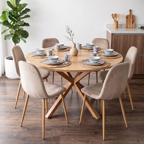Comedor Mesa Redonda Equiz Wood 120cm + 6 Sillas Isy Arena