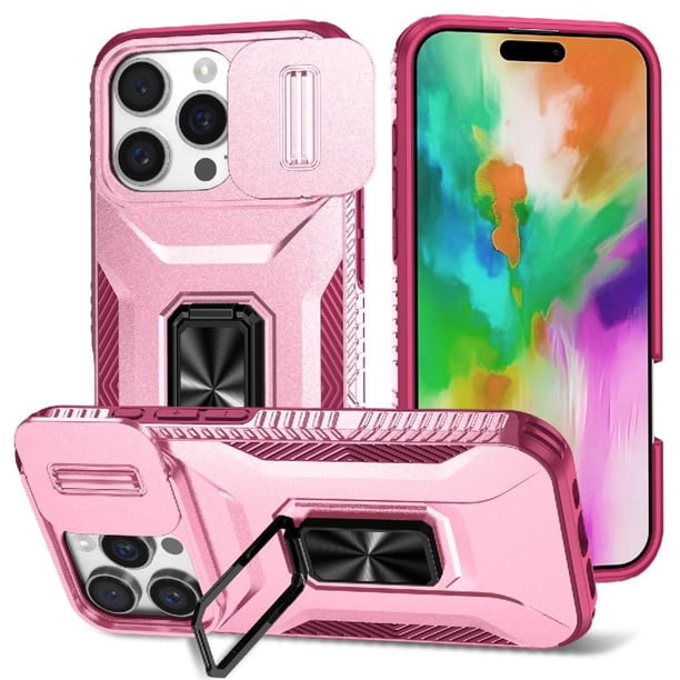 Funda Armada para iPhone 16 Pro con Tapa Deslizante y Soporte Magnético Giratorio Rosa
