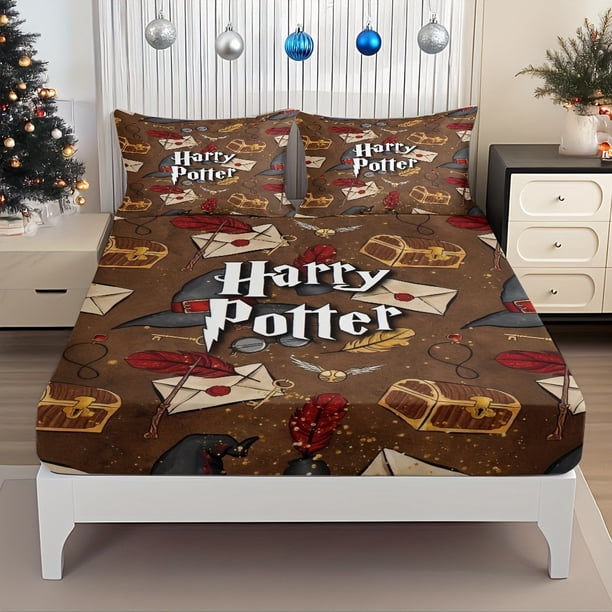 Fitted Sheet Set with Magic Academy Theme Featuring Vintage-Style Patterns of a Magical Hat Floating Broomstick and Quill with Lett