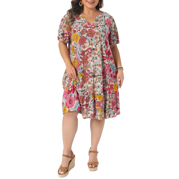 Agnes Orinda Vestido de Verano de Talla Grande para Mujer con Estampado Floral, Cuello en V, Manga Corta, Estilo Bohemio, para Playa o Vacaciones, con Bolsillo, Talla 1X, Rosa