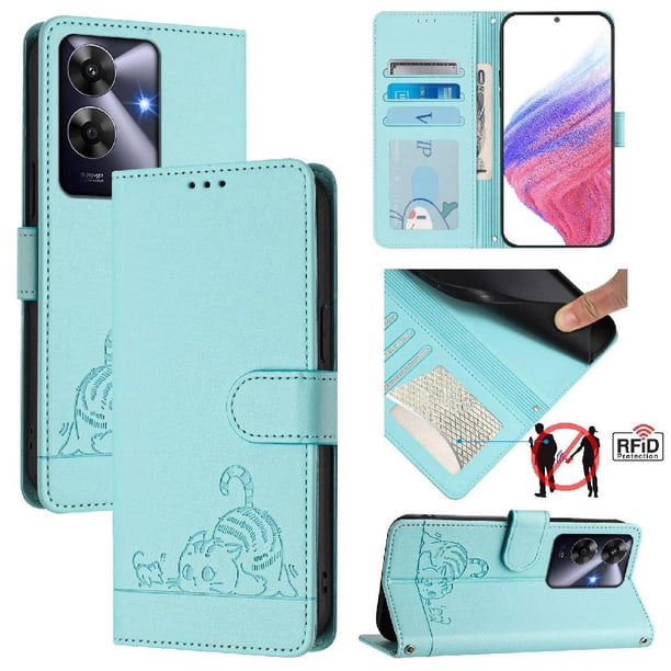 Funda tipo cartera FOXDOCK para Realme note 60 4G con soporte, ranuras, RFID, diseño de gato