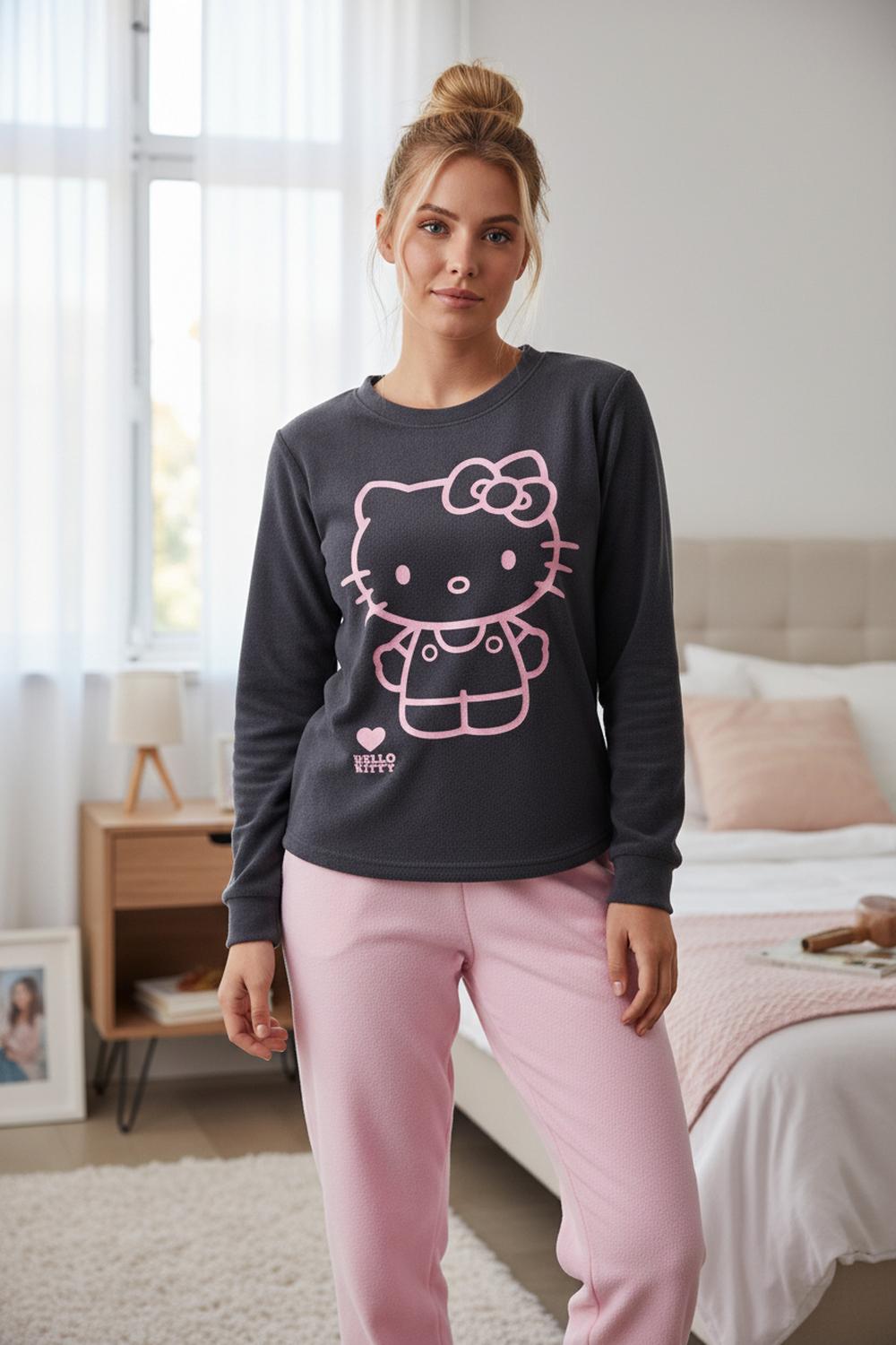 Pijama Micropolar Mujer Hello Kitty Gris Oscuro L