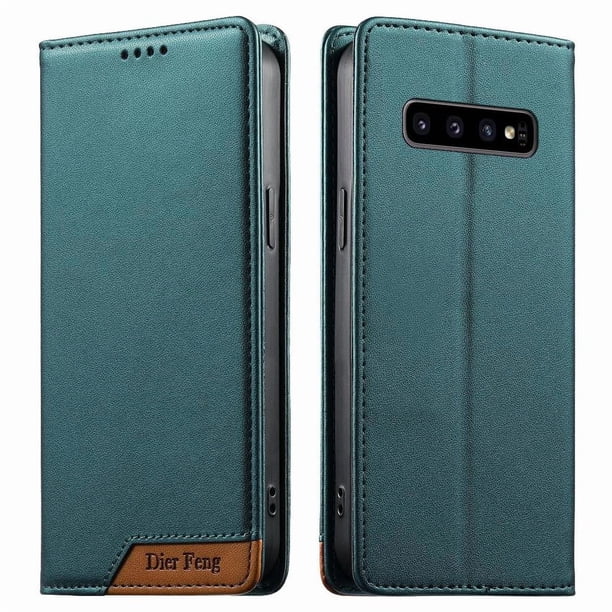 Funda Tipo Cartera de Cuero Sintético para Samsung Galaxy S10 Bloqueo RFID, con Ranuras para Tarjetas y Bolsillo para Efectivo, Cierre Magnético Fuerte Verde