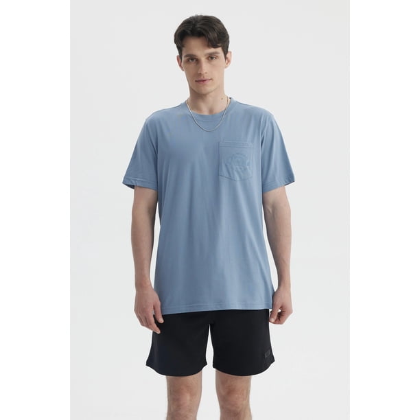 Polera Hombre Con Bolsillo Print Azul Piedra