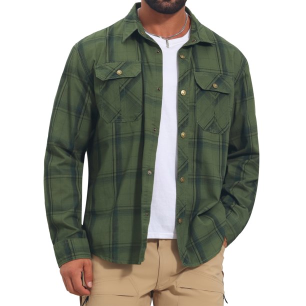 Camisas de Carga de Trabajo de Pesca de Senderismo con Bolsillos y Mangas Largas a Cuadros para Hombre XL Verde
