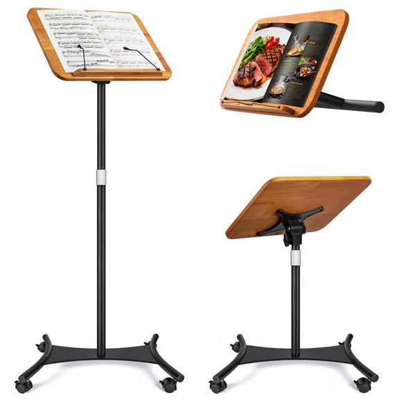 Soporte 2 en 1 Ghegicu de madera con ruedas – para libros y partituras, ajuste 42‑130 cm