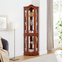 M&Ms - Corner Curio Cabinet With Lights, Adjustable Tempered Glass Shelves, Mirrored Back, Display Cabinet,Walnut(E26 Light Bulb Not Included)