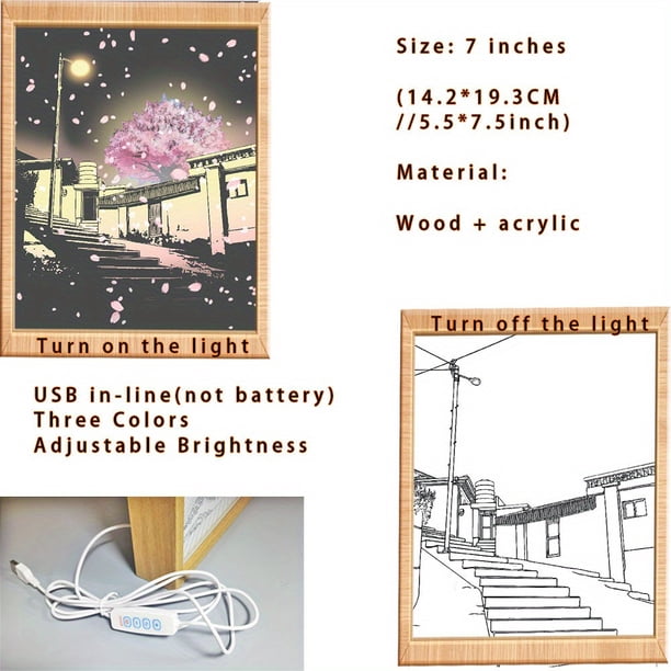 1pc 3D Cherry Blossom And Street Night Light, Romantic Healing Line Picture Light, Girlfriend Festival Gift, Picture Frame Light Painting, LED Bedside Lamp Frame Gift Decorative Desktop Night Lamp,