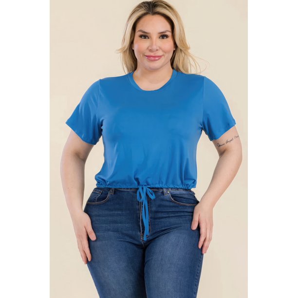 Saronite Top Corto Básico de Manga Corta con Lazo Delantero, Azul Ibiza (Talla Grande para Mujer)