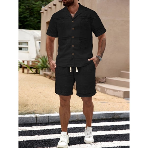 Conjunto Hombre 2 Piezas Short Camisa Textura Botones Urbano 0278