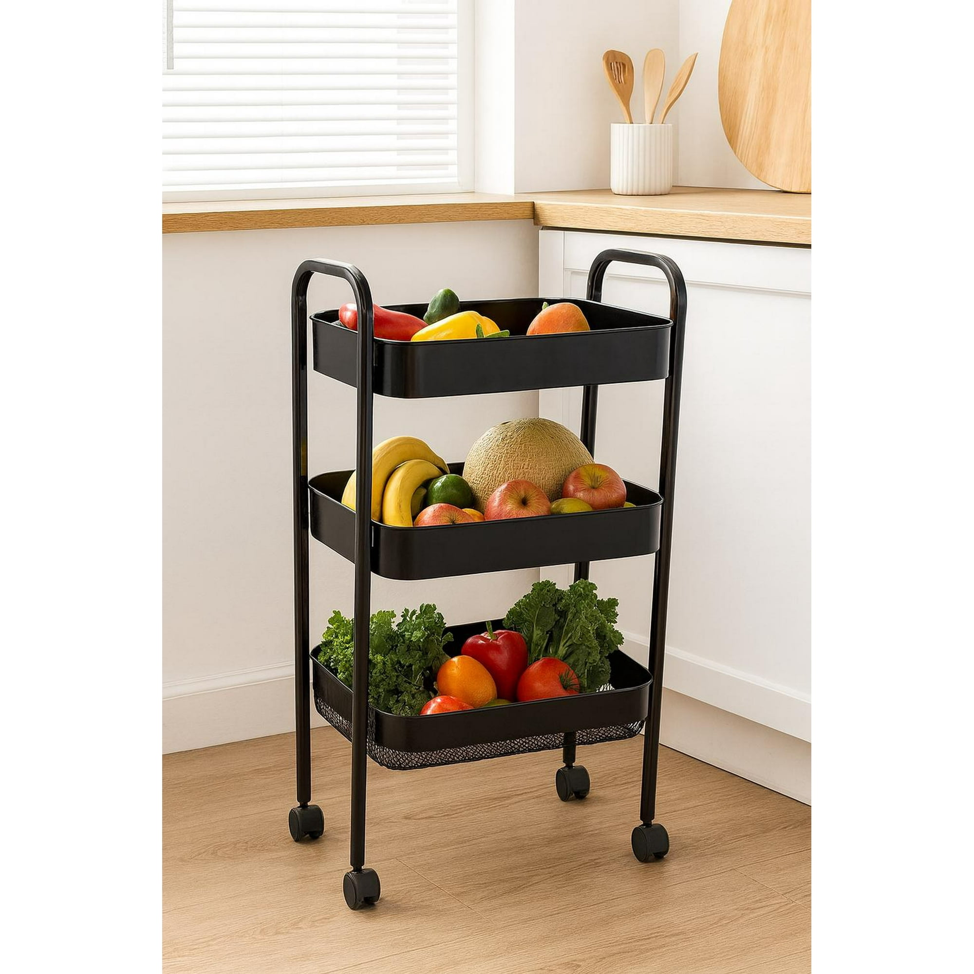 Cosas Casa - Carrito Carro Organizador Con 3 Estantes Niveles Con Ruedas Negro