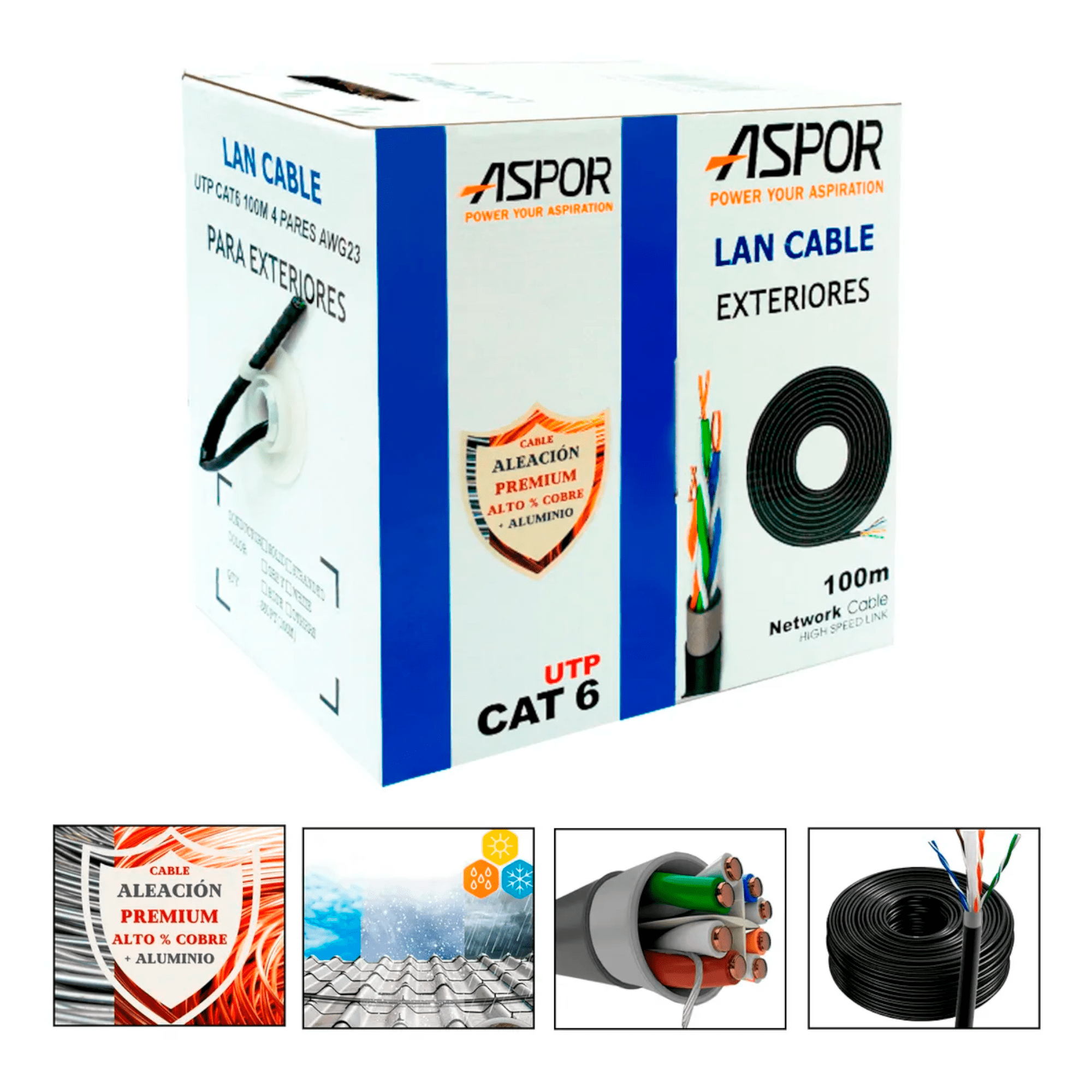 Cable De Red Utp Cat6a 23awg 100m Cca Para Exterior Aspor