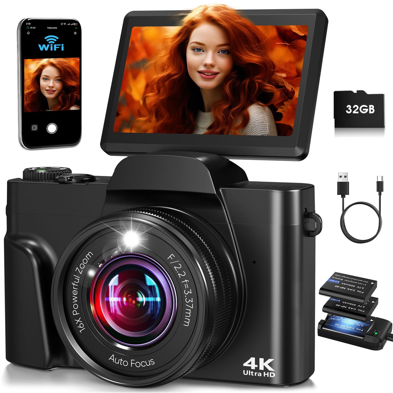 Cámara Digital Duoch 4k 64mp Wifi 16x Zoom 3" Pantalla Plegable