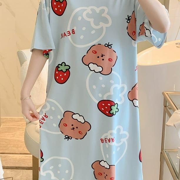 Cartoon Bear Strawberry Pattern Nightdress, Loose & Comfort Short Sleeve Crew Neck Pajamas Dress, Women's Sleepwear & Dresses