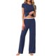 thumbnail image 2 of INSPIRE CHIC Conjuntos de Pijama para Mujer, Top de Manga Corta de Punto, Pantalones Largos Anchos con Volantes, Chándal de 2 Piezas, Conjuntos de Pijamas para Estar en Casa, Talla M, Azul Marino, 2 of 6