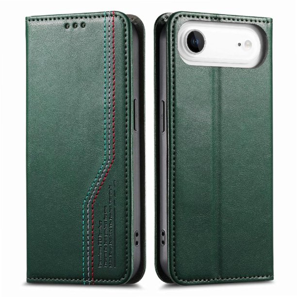 Funda tipo cartera para iPhone 17 Air de piel con cierre magnético, ranuras para tarjetas y correa para la muñeca Verde