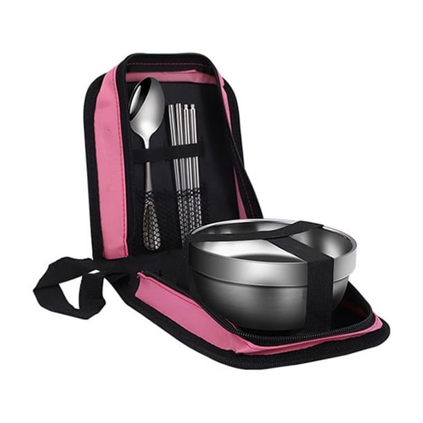 XmhyTop Camping Equipo de senderismo Camping Cuencas Placas de mesa al aire libre Portable Acero inoxidable Placas de mesa Bolsa de picnic Camping Turismo Conjunto de cubiertos de viajes Rosa