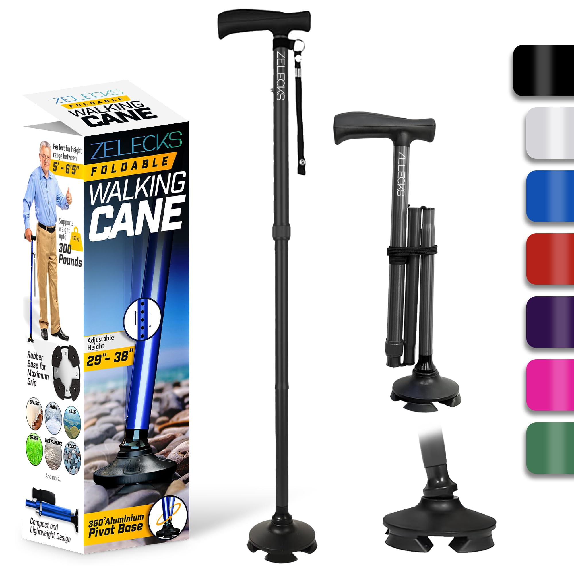 Bastón De Caminar Zelecks, Autoportante, Ajustable Y Plegable