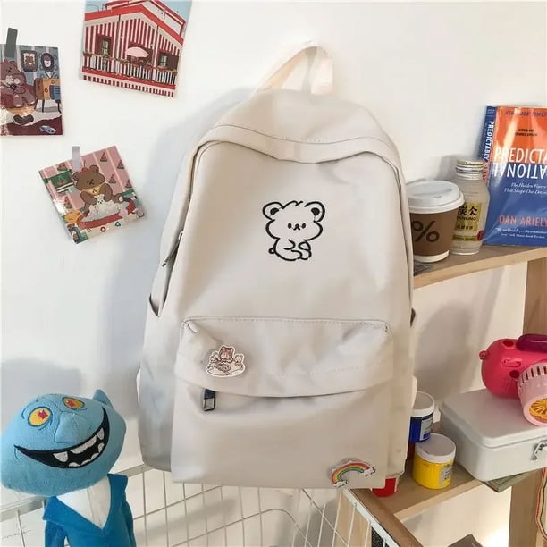 Girls School Bags for Teen Cute Cartoon White Nylon Middle Student Backpack Women