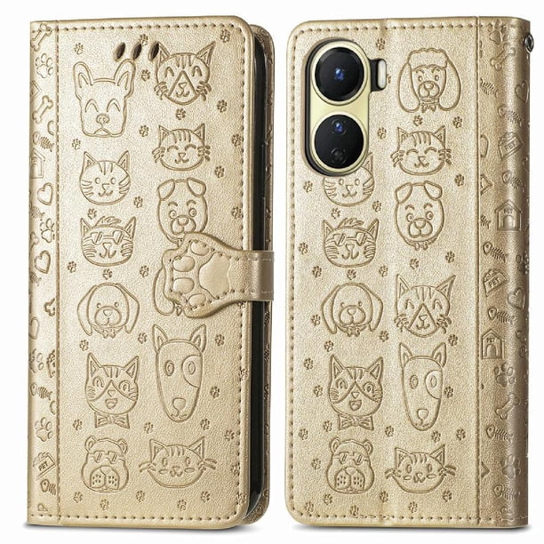 Funda Cartera FOXDOCK para VIVO Y16 , Flip PU con Relieve de Gatos y Perros, Tarjetero y Soporte