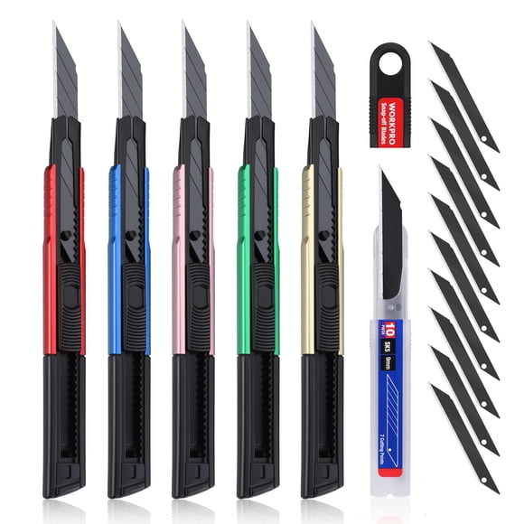 Navaja multiusos WORKPRO Premium retráctil con 10 hojas, paquete de 5