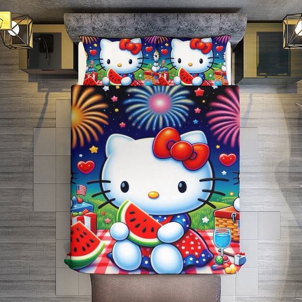 Hello Kitty Watermelon Fireworks 3 Pieces Duvet Cover Set Full Size Super Soft Fade Resistant Microfiber