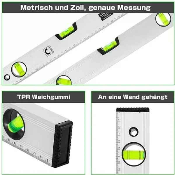 Leon Import - Nivel De 3 Burbujas De Aluminio + Regla De Medición 300mm