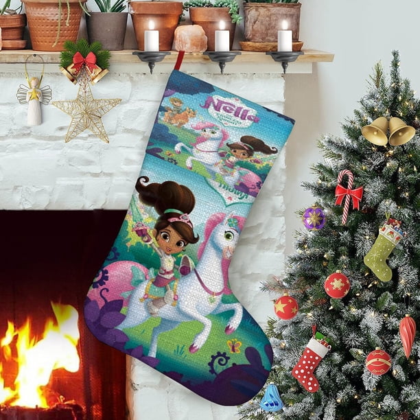 Nella la Princesa Caballero Tema: Calcetines de Navidad, fino lino blanco para colgar en escaleras y chimenea, decoración navideña para el hogar, regalo de Navidad.54cm×38cm