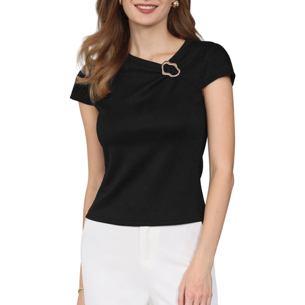 INSPIRE CHIC Blusa de Cuello Asimétrico para Mujer con Manga Corta y Hebilla de Metal M Negro