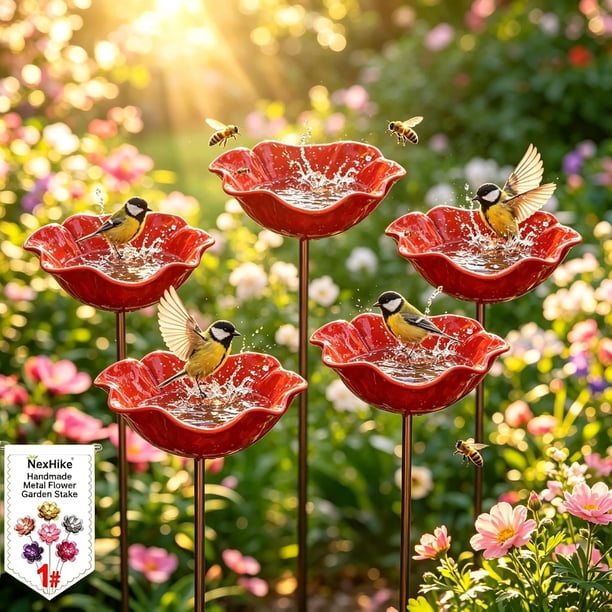 Estaca flor metal hecha mano baño pájaros comedero agua mariposas césped decoración jardín