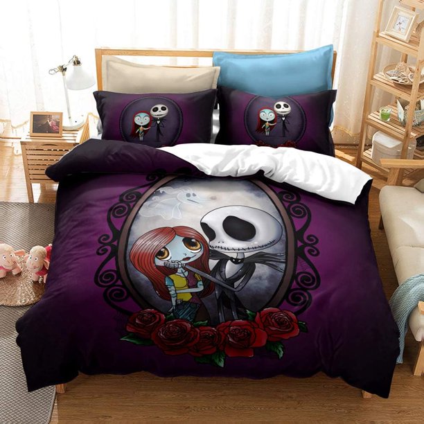 Nightmare-Before Christmas Duvet Cover Set 3 Pcs for Kid Halloween Suit Quilt Cover with Zip Microfiber Soft Duvet Cover Bedding Set