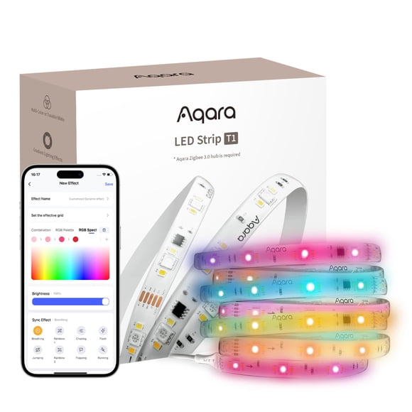 Aqara Tira de LED T1, 2 m RGBIC Cortable, 16 Millones de Colores/Blanco Regulable/Efectos de Degradado, Compatible con Apple HomeKit, Alexa, Matter vía Puente, Requiere Concentrador Zigbee 3.0