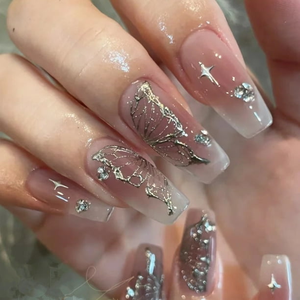 Butterfly Coffin Press On Nails - Medium Fake Nails for Women and Girls - Long-Lasting Acrylic False Nails with Stunning Design