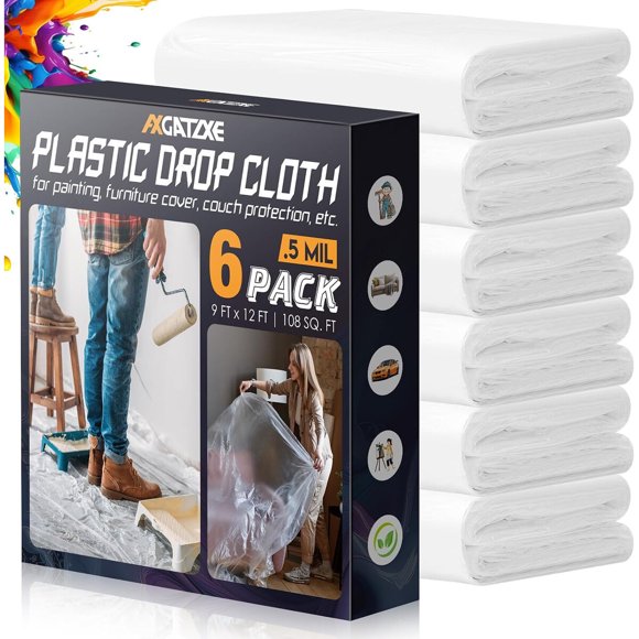 Axgatoxe 12 x 9 Ft Plastic Drop Cloths for Painting 6Pack