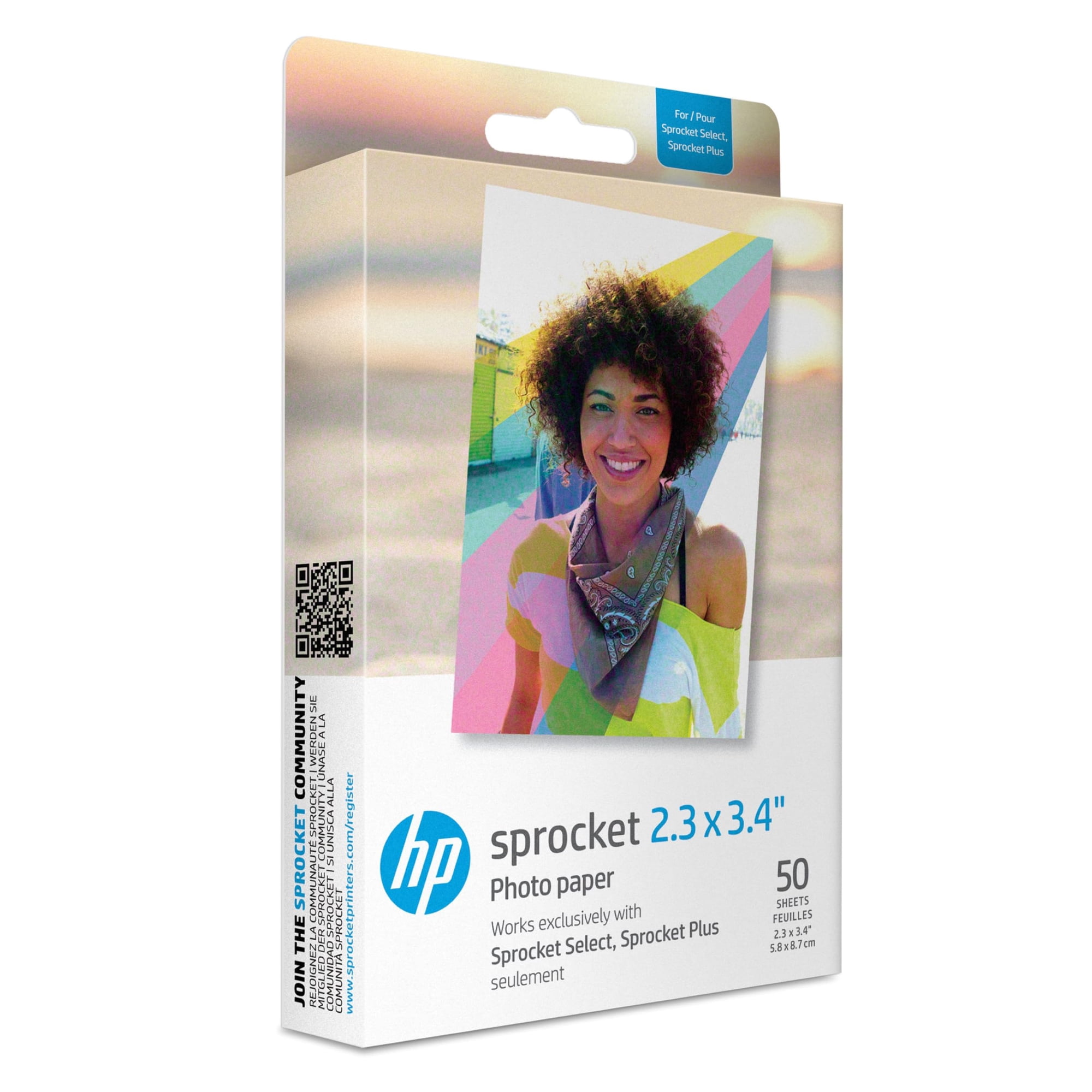 Papel Fotográfico Hp Sprocket, 2.3 X 3.4 Pulgadas, Zincado, Parte Trasera Adhesiva (50 Hojas)