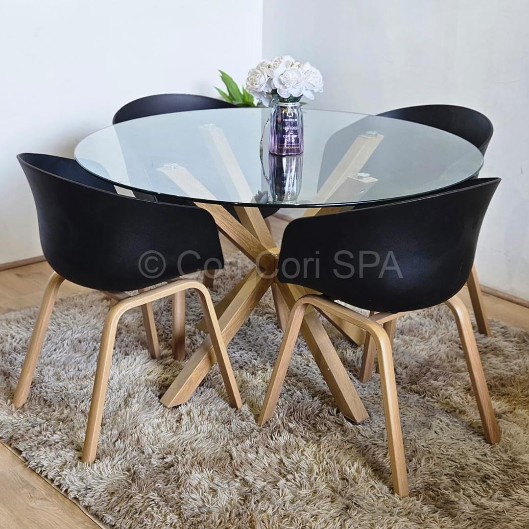 Cori Cori - Comedor Mesa Warwick D120 Vidrio + 4 Sillas Cup Negro