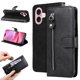 thumbnail image 1 of Funda tipo cartera para iPhone 16 con bolsillo con cremallera y ranuras para tarjetas – Función de soporte Negro, 1 of 6