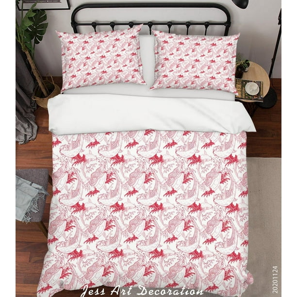 3D Dibujado a Mano Tradicional Rojo Crap Fish Patrón Funda de edredón Set Ropa de cama Set