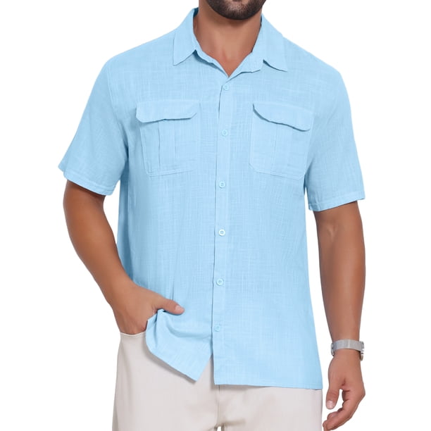 Camisa de Lino con Bolsillos en el Pecho y Manga Corta para Hombre INSPIRE CHIC L Azul Claro