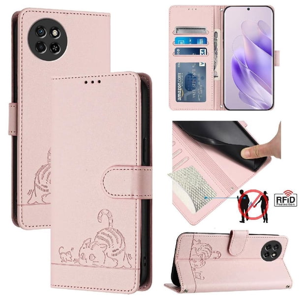 Funda tipo cartera FOXDOCK para itel S23 con soporte, ranuras, RFID, diseño de gato