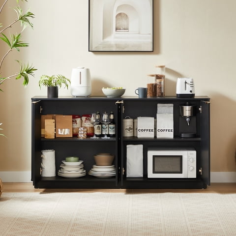 M&Ms - 63"" Vertical Stripe Buffet Cabinet Sideboard With Stoarge, Curved Wave Design, Tv Stand, For Bedroom, Living Room, Hallway, Black,63''W X 15.75''D X 31.5''H.