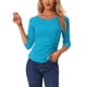 thumbnail image 1 of INSPIRE CHIC Blusa Fruncida para Mujer de Regreso a Clases con Botones Decorativos Cuello en V Manga 3/4 Top de Punto Sólido Azul Lago XS, 1 of 6