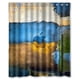 thumbnail image 1 of Cortina de ducha con diseño de manzana en azul, verde y amarillo, con ganchos, 167 x 183 cm., 1 of 3