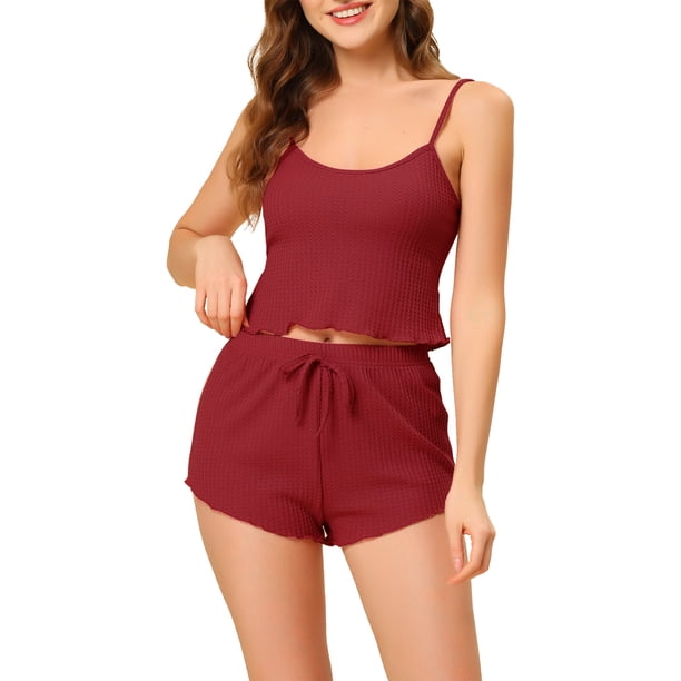 INSPIRE CHIC Conjunto de Pijama de Punto para Mujer Regreso a Clases Camiseta de Tirantes Finos y Pantalones Cortos con Decoración de Lazo para Primavera Verano XS Rojo