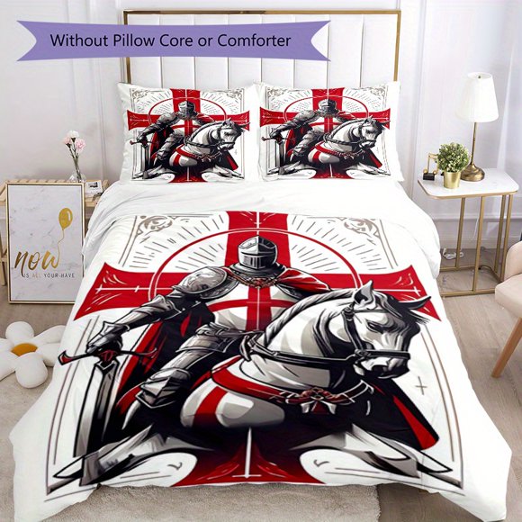3pcs Bedding Set Duvet Cover Closure Includes 1 Duvet Cover & 2 Pillowcases for All Seasons Bedroom Decor, Home Dorm High-Definition Print Cross Templars Knight Q246