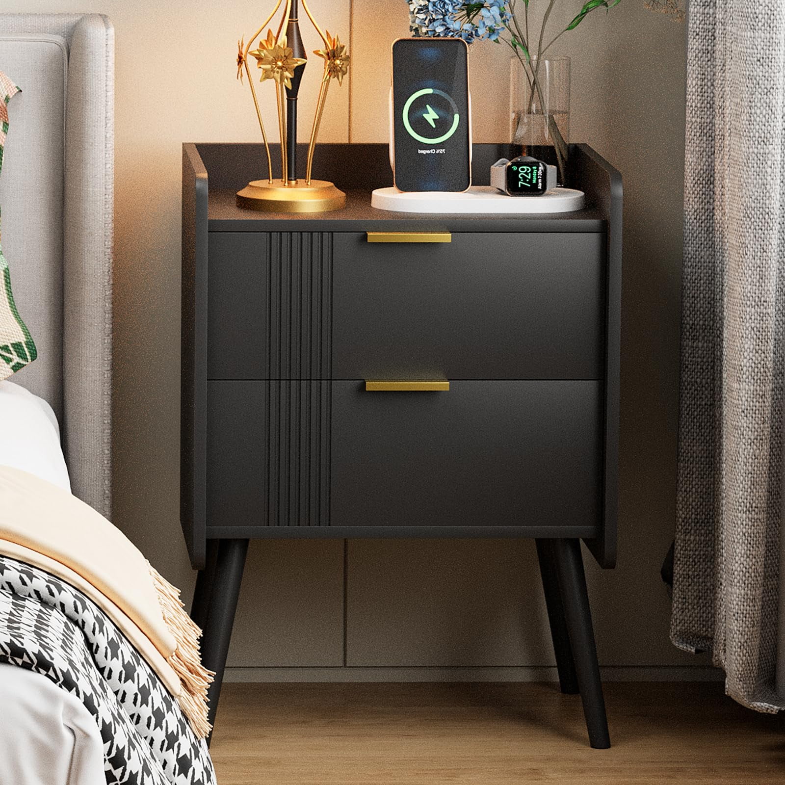 Mesa De Noche Moderna Negra Aenuert Con 2 Cajones De Almacenamiento, Pequeña Mesa De Noche, Mesa Lateral De Madera Para Sofá, Para Dormitorio, Estudio Y Espacios Pequeños